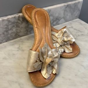 Born; Gold Flower Sandals.